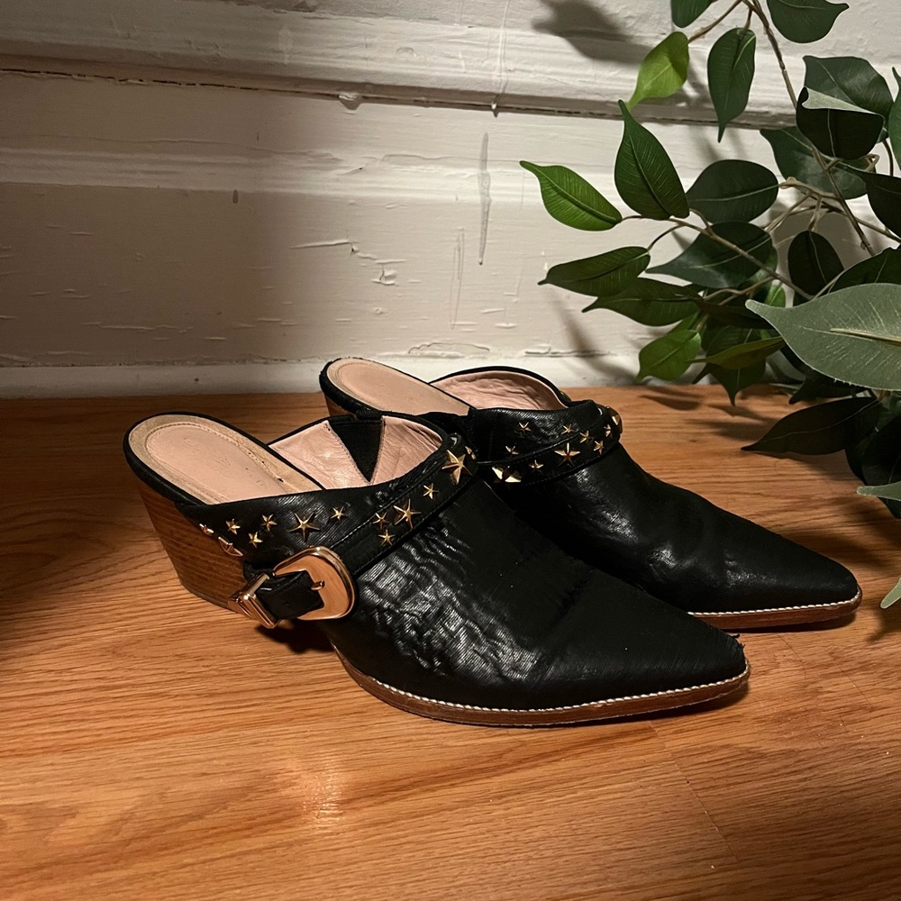 Matisse Black Leather Star-Studded Mules with Tan Wood Heel